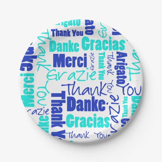 Assiettes En Carton Merci multilingue bleu et turquoise (Devant)