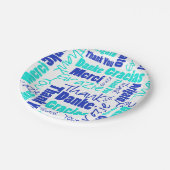 Assiettes En Carton Merci multilingue bleu et turquoise (Angle)
