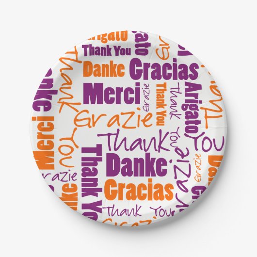Assiettes En Carton Merci multilingue violet et orange (Devant)
