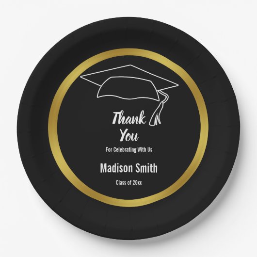 Assiettes En Carton Merci noir et blanc Graduation Grad's Name (Devant)