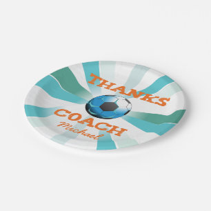 Assiettes En Carton Mercis d'entraîneur du football, oranges sur Teal