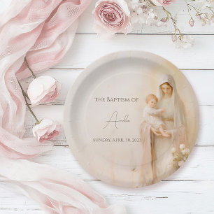 Assiettes En Carton Mère Marie avec Bébé baptême