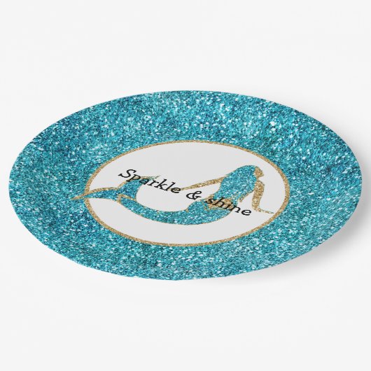 Assiettes En Carton Mermaid Aqua Gold Glitz Parties scintillant (Angle)