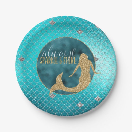 Assiettes En Carton Mermaid Aqua Gold Parties scintillant étincelle en (Devant)