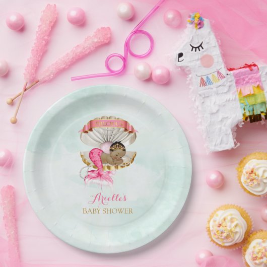 Assiettes En Carton Mermaid Bébé Clam Shell Tiara Africain-Américain (Fête)