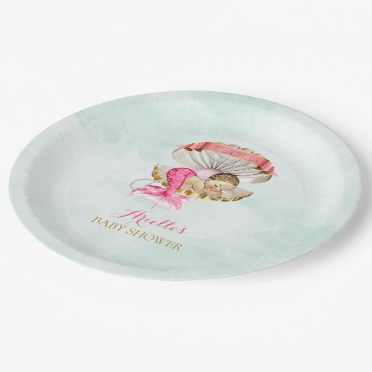 Assiettes En Carton Mermaid Bébé Clam Shell Tiara Pearls Or rose (Angle)