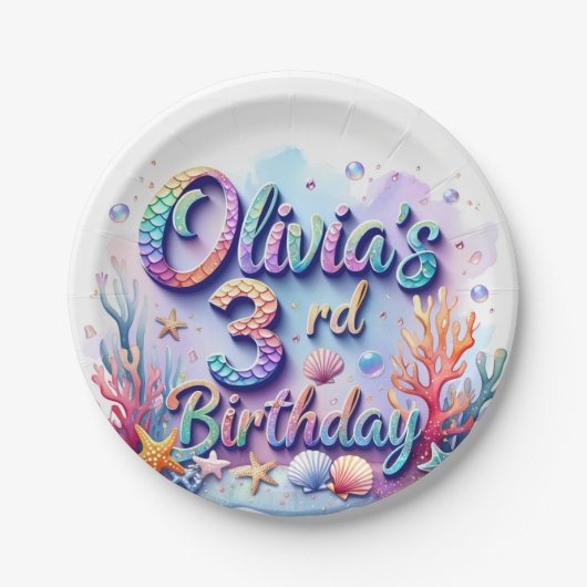 Assiettes En Carton Mermaid Custom Name & Age - Under the Sea Party (Devant)