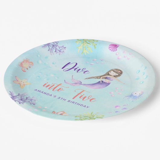 Assiettes En Carton Mermaid Girl Dive In Five 5th Birthday Party (Angle)