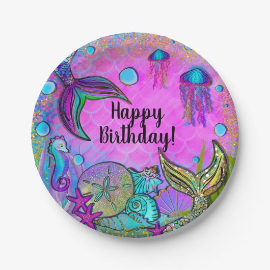 Assiettes En Carton Mermaiers & Sea Shells Pink Sparkly Party (Devant)