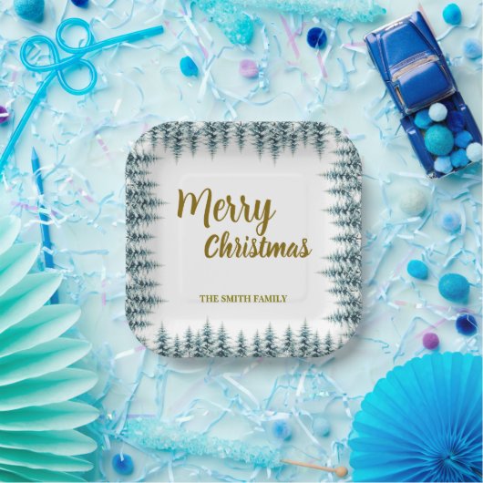 Assiettes En Carton Merry and Bright pine tree forest Christmas (Fête)