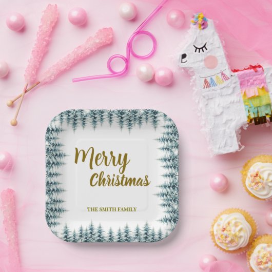 Assiettes En Carton Merry and Bright pine tree forest Christmas (Fête)