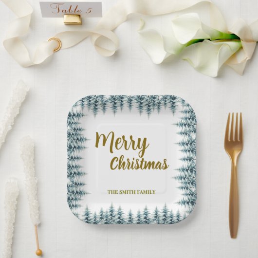 Assiettes En Carton Merry and Bright pine tree forest Christmas (Mariage)
