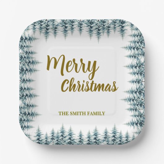 Assiettes En Carton Merry and Bright pine tree forest Christmas (Recto)