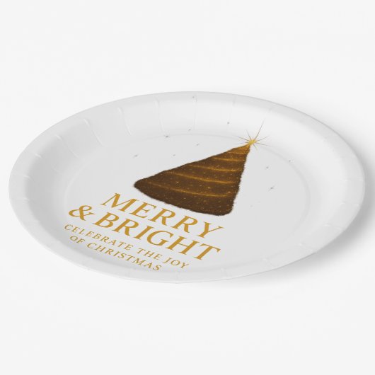 Assiettes En Carton Merry & Bright Gold Christmas Paper Dinner Plates (Angle)