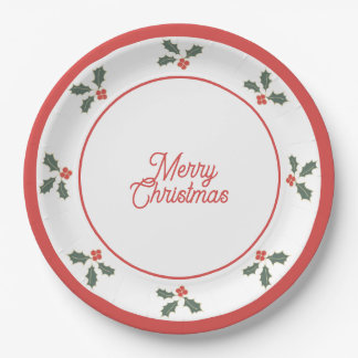 Assiettes En Carton Merry Christmas Holly Plate Red and White