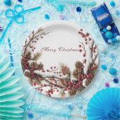 Assiettes En Carton Merry Christmas Red Berries Pine Cones Snow (Fête)
