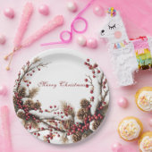 Assiettes En Carton Merry Christmas Red Berries Pine Cones Snow (Fête)