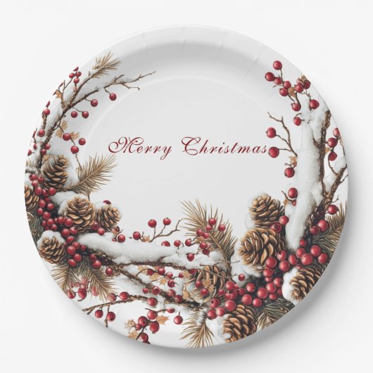 Assiettes En Carton Merry Christmas Red Berries Pine Cones Snow (Devant)