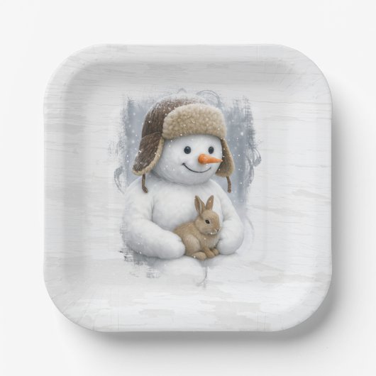Assiettes En Carton Merry Christmas Snowman With Bunny (Recto)