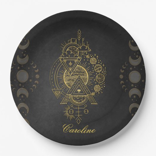 Assiettes En Carton Merveilleuse planète imaginaire dorée et lune (Devant)