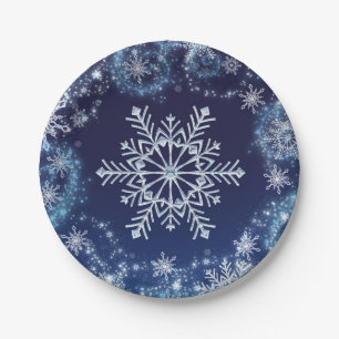 Assiettes En Carton Merveilleux Hiver Flocons de Neige Bleus et Blancs