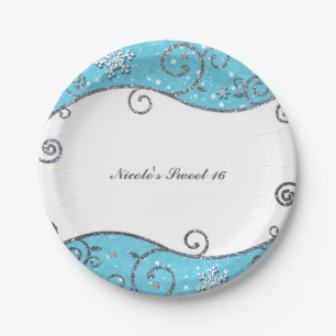 Assiettes En Carton Merveilleux Hiver Tourbillons Bleu Clair et Argent
