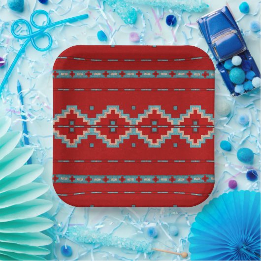 Assiettes En Carton Mesas Sud-Ouest Rouge & Turquoise Conception géomé (Fête)