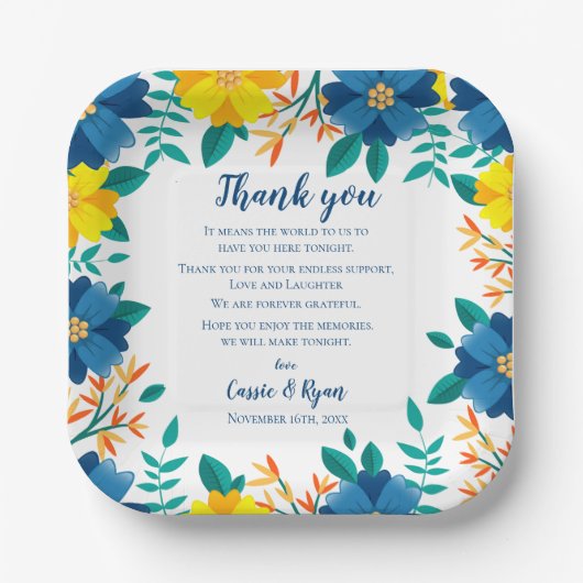 Assiettes En Carton Message de Merci Mariage bleu jaune chic (Recto)