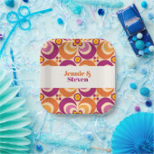 Assiettes En Carton Mi-siècle Géométrique Floral Violet Orange (Fête)