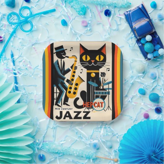 Assiettes En Carton Mi siècle Jazz Age HepCat Chat Noir (Fête)