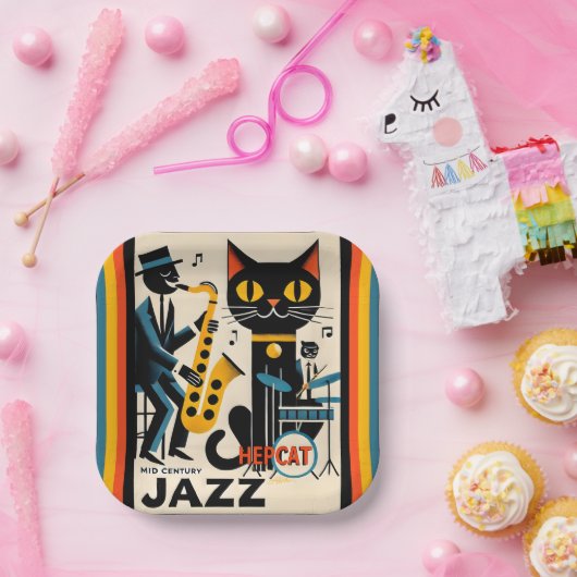 Assiettes En Carton Mi siècle Jazz Age HepCat Chat Noir (Fête)
