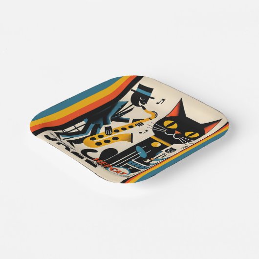 Assiettes En Carton Mi siècle Jazz Age HepCat Chat Noir (Angulaire)