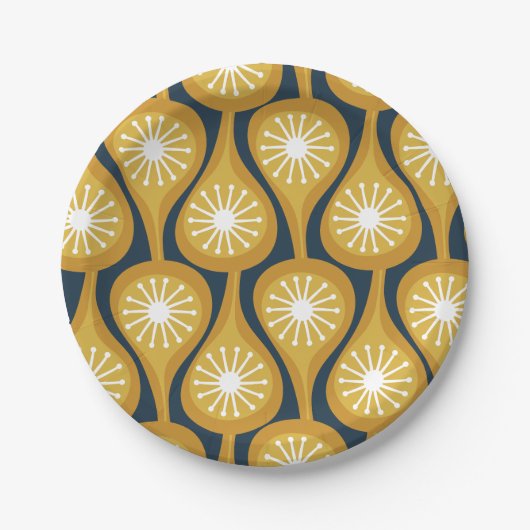 Assiettes En Carton Mi-Siècle moderne Atomique gouttes Motif Mustard (Devant)