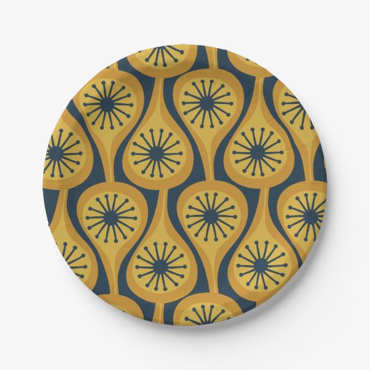 Assiettes En Carton Mi-siècle moderne Motif atomique Mustard Navy (Devant)