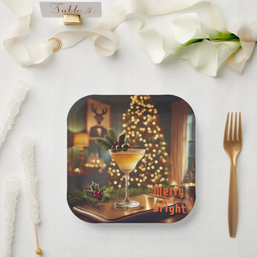 Assiettes En Carton Mi-Siècle Noël Joyeux & Cocktail lumineux (Mariage)