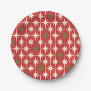 Assiettes En Carton Mi-siècle Rétro Noël Starbursts Motif Rouge