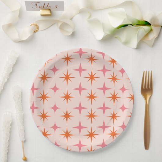 Assiettes En Carton Mi-Siècle Rétro Starburs Motif rose orange (Mariage)