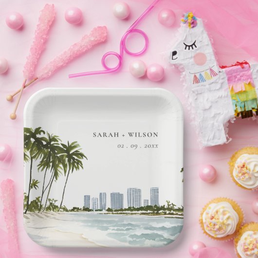 Assiettes En Carton Miami Florida Aquarelle Palm Mariage paysage (Fête)