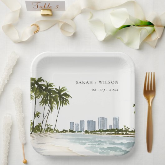 Assiettes En Carton Miami Florida Aquarelle Palm Mariage paysage (Mariage)