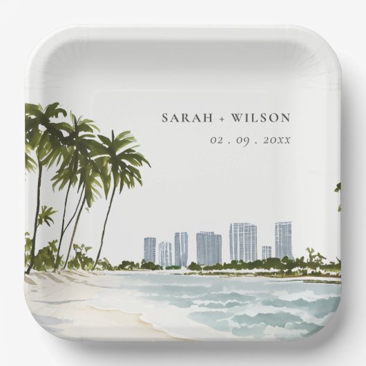 Assiettes En Carton Miami Florida Aquarelle Palm Mariage paysage (Recto)