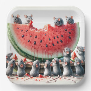 Assiettes En Carton Mice On a Juicy Watermelon Wedge