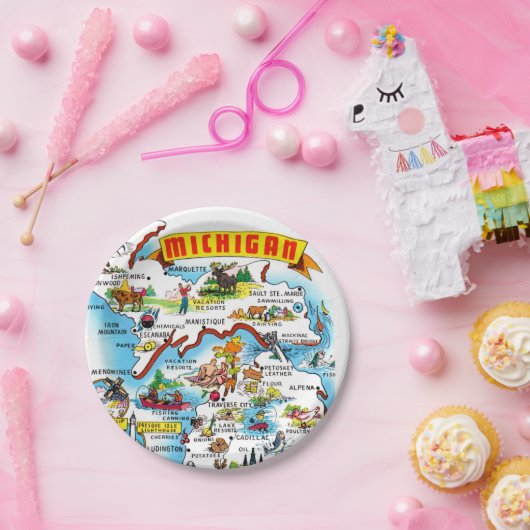 Assiettes En Carton Michigan Postcard Map  (Fête)