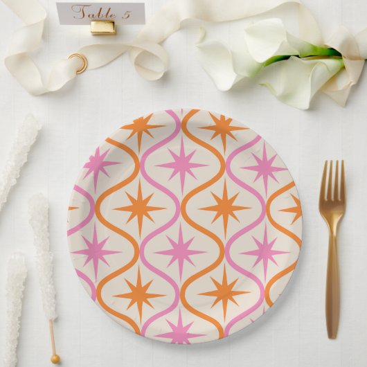 Assiettes En Carton Mid Century Orange rose Starburburs sur Ogee Motif (Mariage)