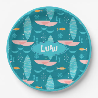 Assiettes En Carton Mid Century Pink Catamaran - Blue Background