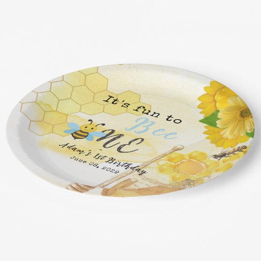 Assiettes En Carton Miel doux et jaune Il est un 1er anniversaire (Angle)