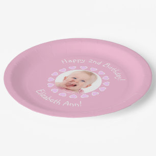 Assiettes En Carton Mignon 2e anniversaire fille Coeurs roses Cadre ph