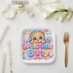 Assiettes En Carton Mignon Kawaii Bienvenue Bébé Ours en Peluche Rose