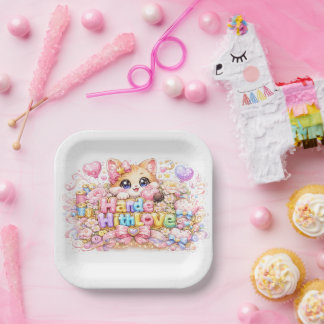 Assiettes En Carton Mignon Kawaii Fabriqué Avec Amour Chat Nom Pastel