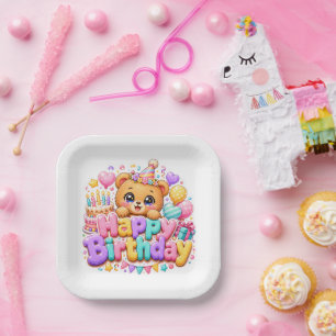 Assiettes En Carton Mignon Kawaii Joyeux Anniversaire Ours en Peluche