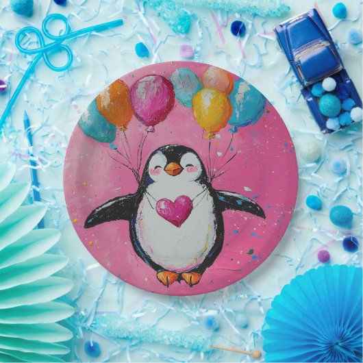 Assiettes En Carton mignon manchot de dessin animé avec ballons (Fête)